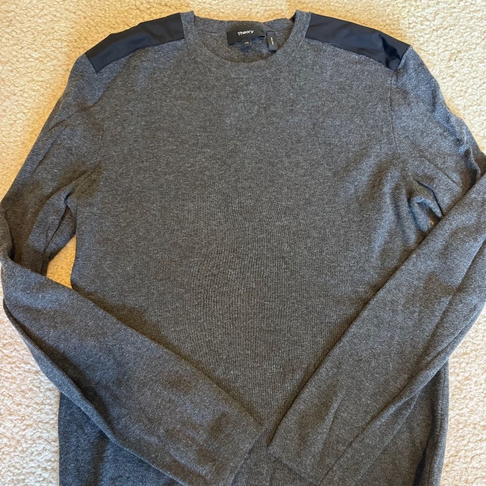 Theory Men's Gray Wool Blend Crewneck Sweater with faux leather patches